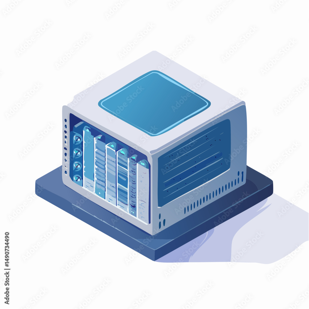 Isometric Illustration of a White and Blue Data Server Isometric Illustration of a White and Blue Data Server