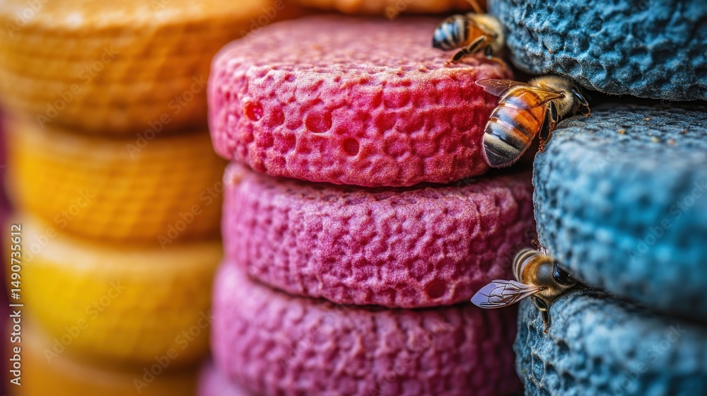 Colorful honeycomb cakes with bees Colorful honeycomb cakes with bees