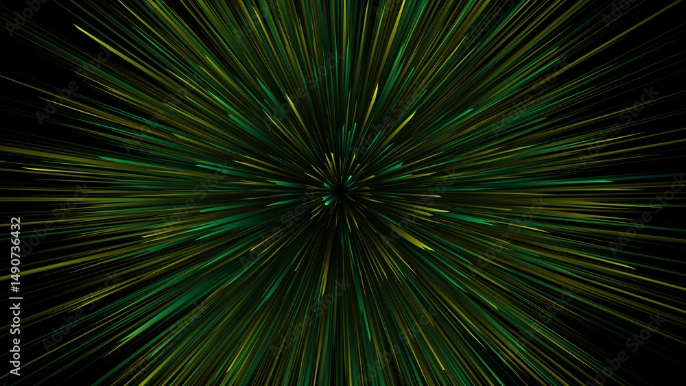 Obraz premium Explosive green warp speed visual with neon streaks, ideal for sci-fi concepts and virtual space journeys.