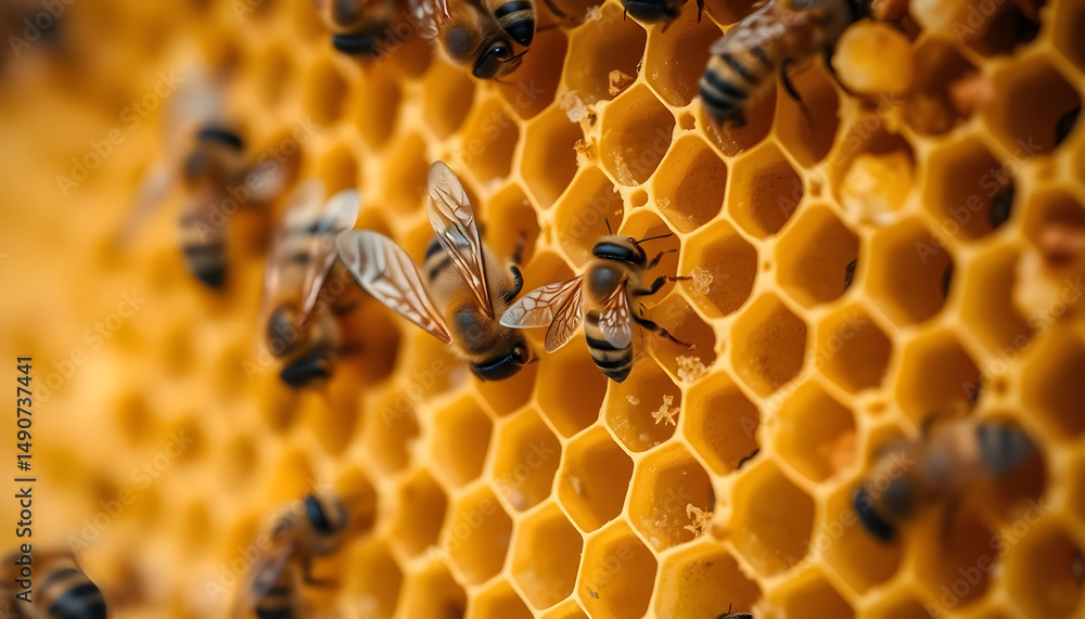 Bees pollinating honeycomb apiary close-up photography natural habitat macro view biodiversity awareness Bees pollinating honeycomb apiary close-up photography natural habitat macro view biodiversity awareness