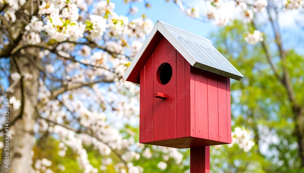 Red Birdhouse in a Blossoming Garden Red Birdhouse in a Blossoming Garden