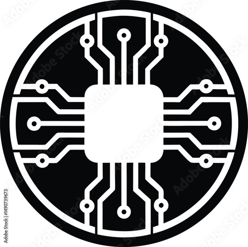 Black and white stylized icon of a microchip or integrated circuit within a circular frame. Geometric, tech-inspired design ideal for electronics, computing, or digital interface visuals.