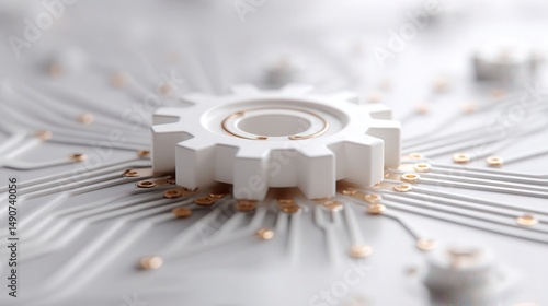 gear icon with circuit path in a white void, representing business technology efficiency and streamlined innovation