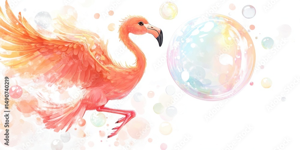 Obraz premium Watercolor flamingo playfully interacting with floating iridescent bubble in dreamy pastel background