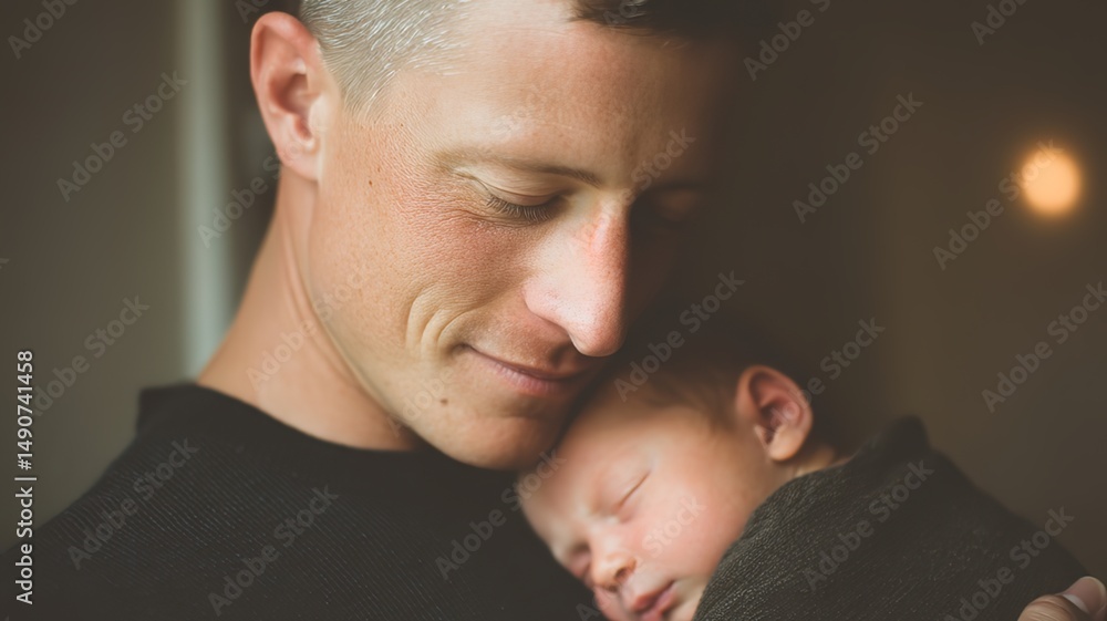 A tender close-up of a father holding his newborn with protective affection, illuminated by soft ambient light that emphasizes warmth and emotional connection in an intimate domestic setting. A tender close-up of a father holding his newborn with protective affection, illuminated by soft ambient light that emphasizes warmth and emotional connection in an intimate domestic setting.