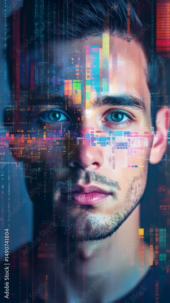 Portrait of man face, AI deepfake recognition technology with facial ...