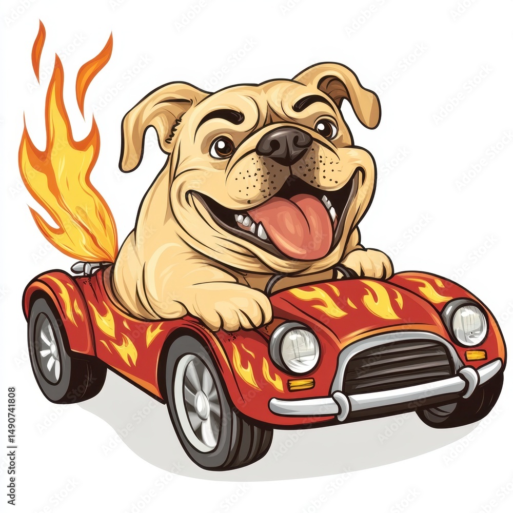 Obraz premium Excited cartoon bulldog driving fiery red race car with huge smile and flame design in a racing adventure 