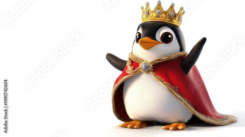 A royal cartoon penguin proudly wearing a golden crown and red royal cape standing tall