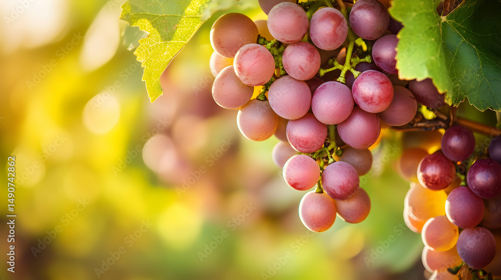 Close-up of ripe purple grapes hanging on a vine with green leaves. Close-up of ripe purple grapes hanging on a vine with green leaves.