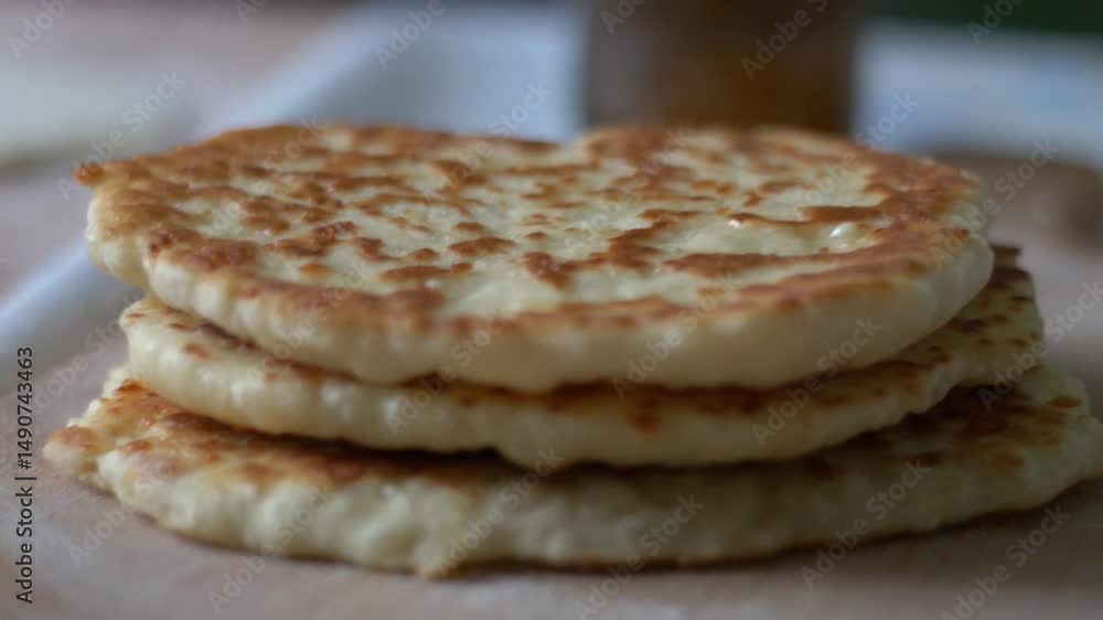 Cheesy Bread on Wooden Board: Close-up of Traditional Baking Cheesy Bread on Wooden Board: Close-up of Traditional Baking