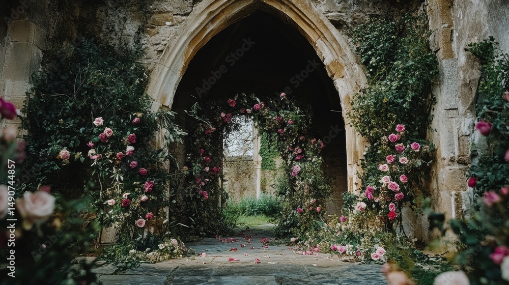 Fototapeta premium Mysterious floral hallway lined with roses and ivy inside abandoned gothic stone ruin garden