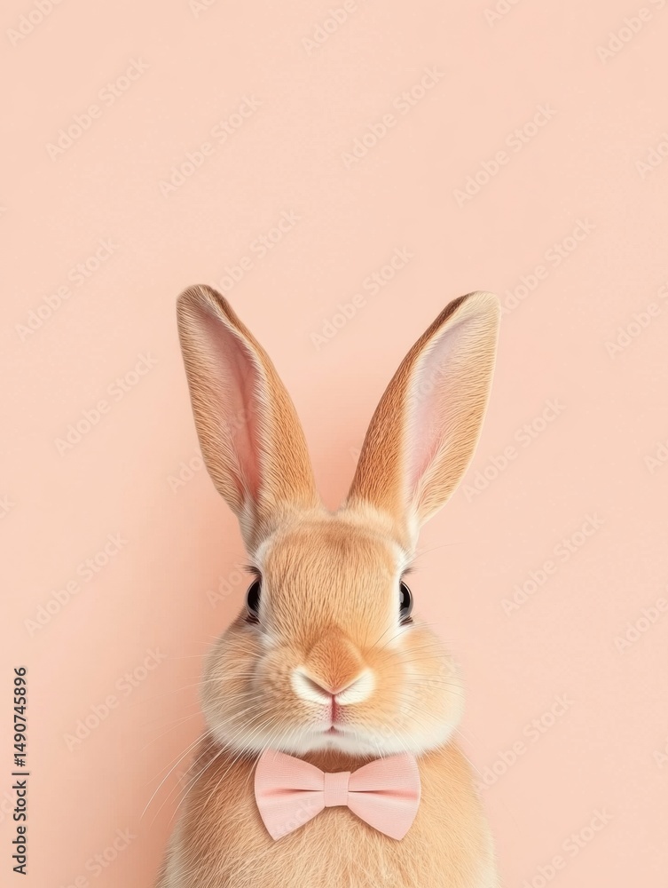 Obraz premium Adorable rabbit with a pink bow tie against a peach background, showcasing cute elegance and charm.