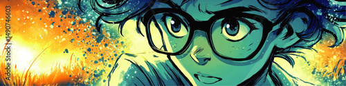 Vibrant Artistic Vector Illustration Closeup of Young Anime Character with Glasses in Reflective Thought Against Abstract Colorful Blue and Orange Splash Background