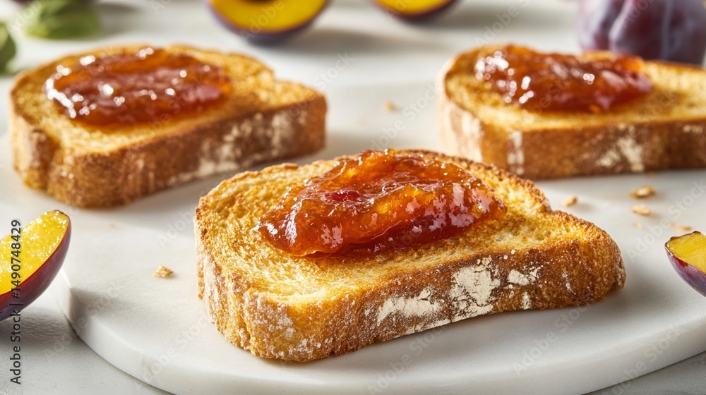 Delicious toast slices topped with sweet peach jam, perfect for breakfast or a snack. This mouthwatering treat is sure to delight your taste buds and brighten your day. Delicious toast slices topped with sweet peach jam, perfect for breakfast or a snack. This mouthwatering treat is sure to delight your taste buds and brighten your day.