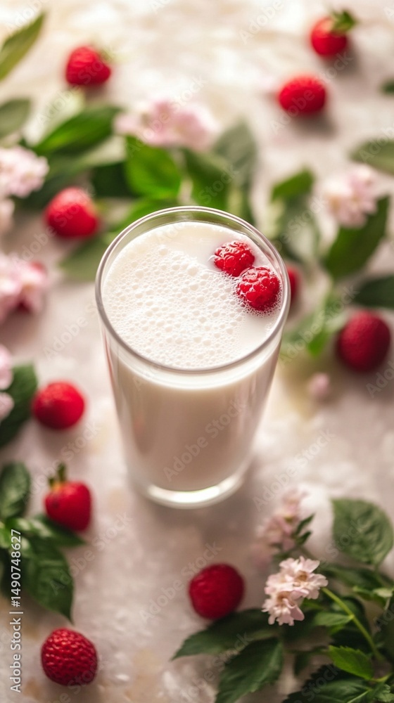 A refreshing glass of creamy milk topped with fresh raspberries, surrounded by vibrant green leaves and delicate flowers, perfect for summer enjoyment or healthy recipes. A refreshing glass of creamy milk topped with fresh raspberries, surrounded by vibrant green leaves and delicate flowers, perfect for summer enjoyment or healthy recipes.