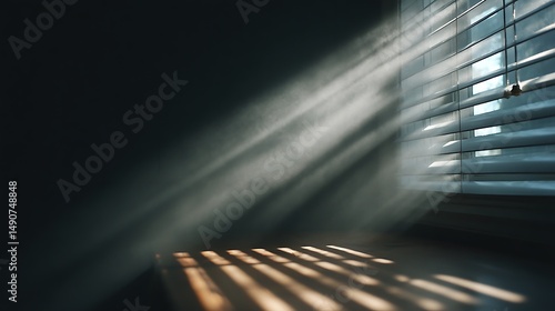 Sunlight streaming through blinds creates a dramatic light display