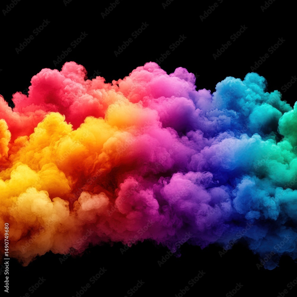 Fototapeta premium Vibrant multicolored smoke cloud on black background. Abstract blend of colors in dynamic motion.