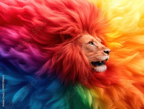 Vibrant lion with rainbow-colored mane blending into a colorful background for a striking visual effect.