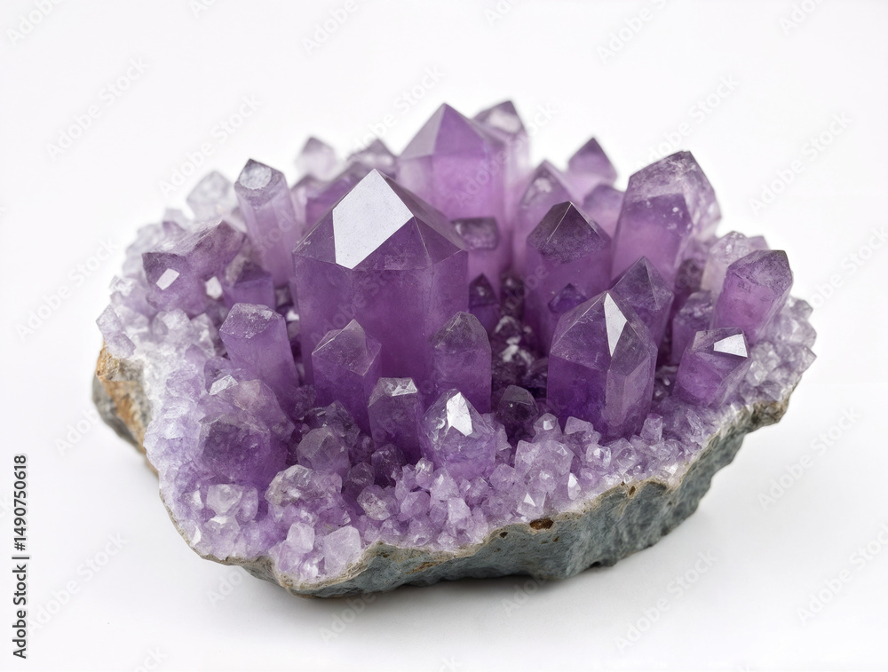 Vibrant amethyst crystal cluster with deep purple points on a natural rock base, displayed against a clean white background. Vibrant amethyst crystal cluster with deep purple points on a natural rock base, displayed against a clean white background.
