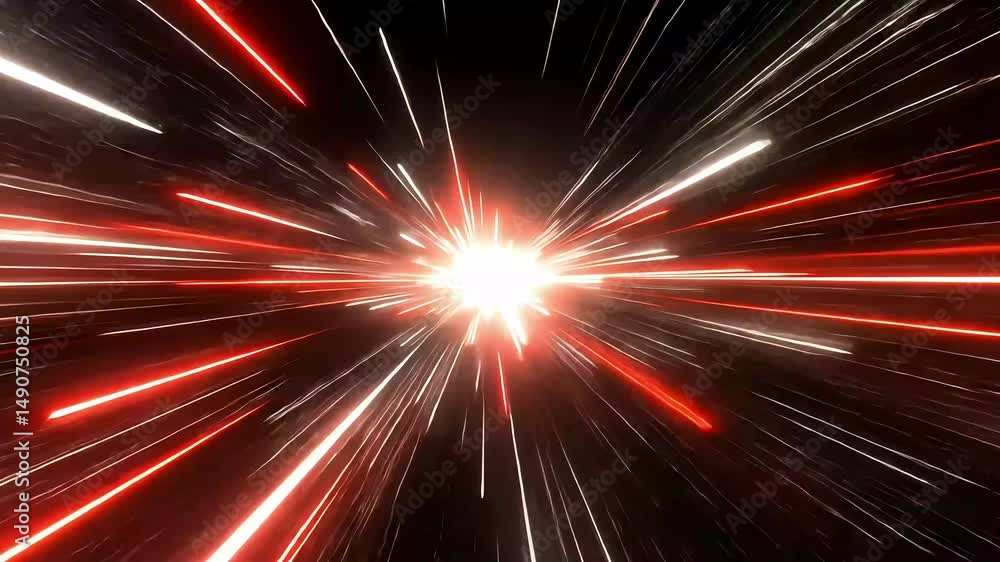 Red and white streaks of light burst from a central bright point on a black background, resembling hyperspace or a supernova