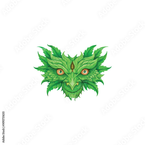 Modern 3D Dragon Face Logo with Green Leaves Minimalistic Vector Illustration on White Background.
