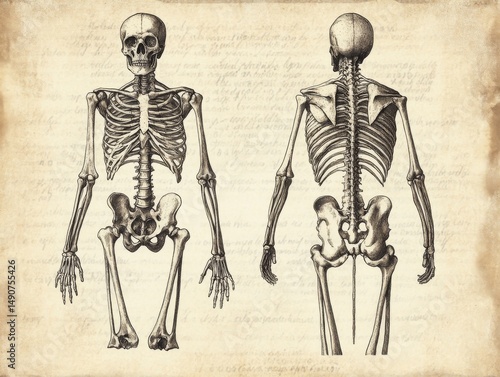 Front and back anatomical skeleton illustrations on parchment
