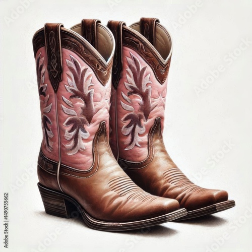 Pink cowgirl boots adorned pink silk bow and fluffy edges isolated on white background