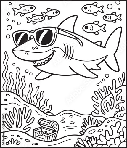 Cute shark wearing sunglass underwater view black line art vector illustration for children coloring page or book design