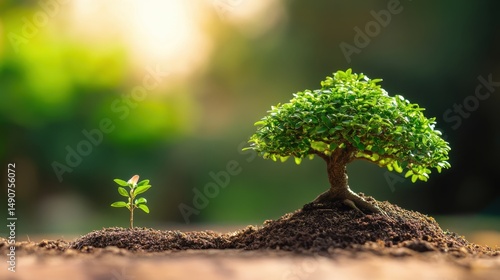 Conceptual image displaying the growth process featuring a small plant next to a fully grown tree symbolizing progress and environmental responsibility
