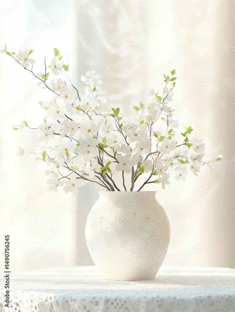 Fototapeta premium White cherry blossoms in embossed ceramic vase 