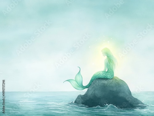 Watercolor mermaids on ocean rocks at daylight
