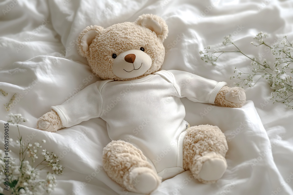 Fototapeta premium Adorable teddy bear in white bodysuit on soft bedding