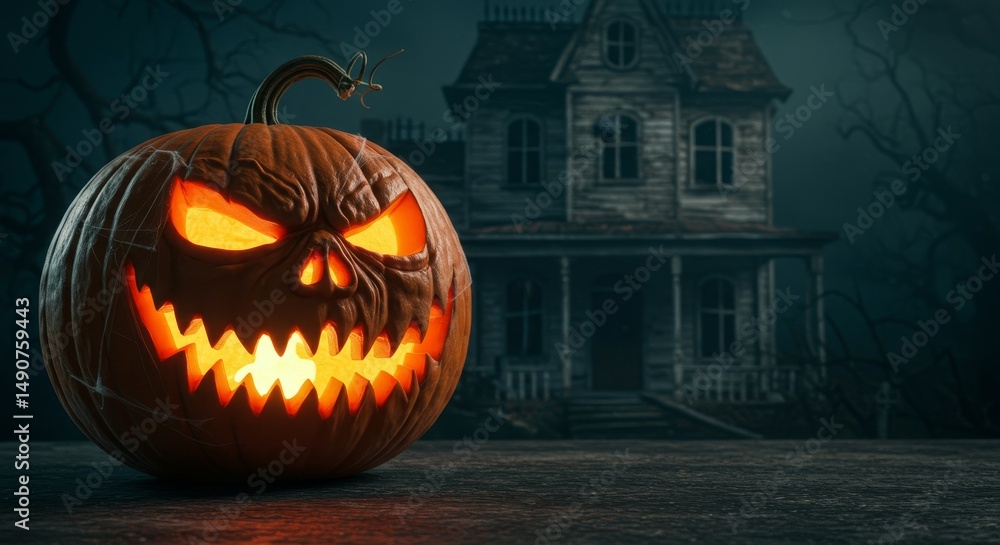 Obraz premium Spooky Halloween Pumpkin and Haunted House - A menacing jack-o'-lantern sits in the foreground with a spooky haunted house in the background, creating a perfect Halloween scene