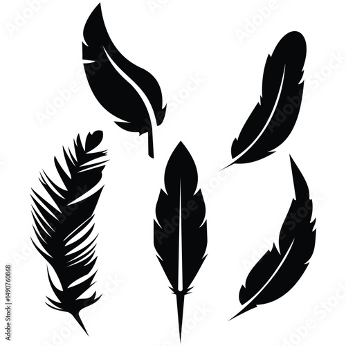 Feather vector icon set. Silhouette of feather vector, symbol, icon set. Feather image, design, can be for sign or logo. Simple and minimalist icon design. Vector illustration.