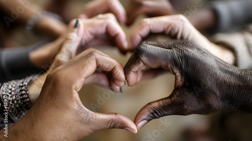 Diverse hands forming heart shapes, symbolizing love and unity among different cultures.