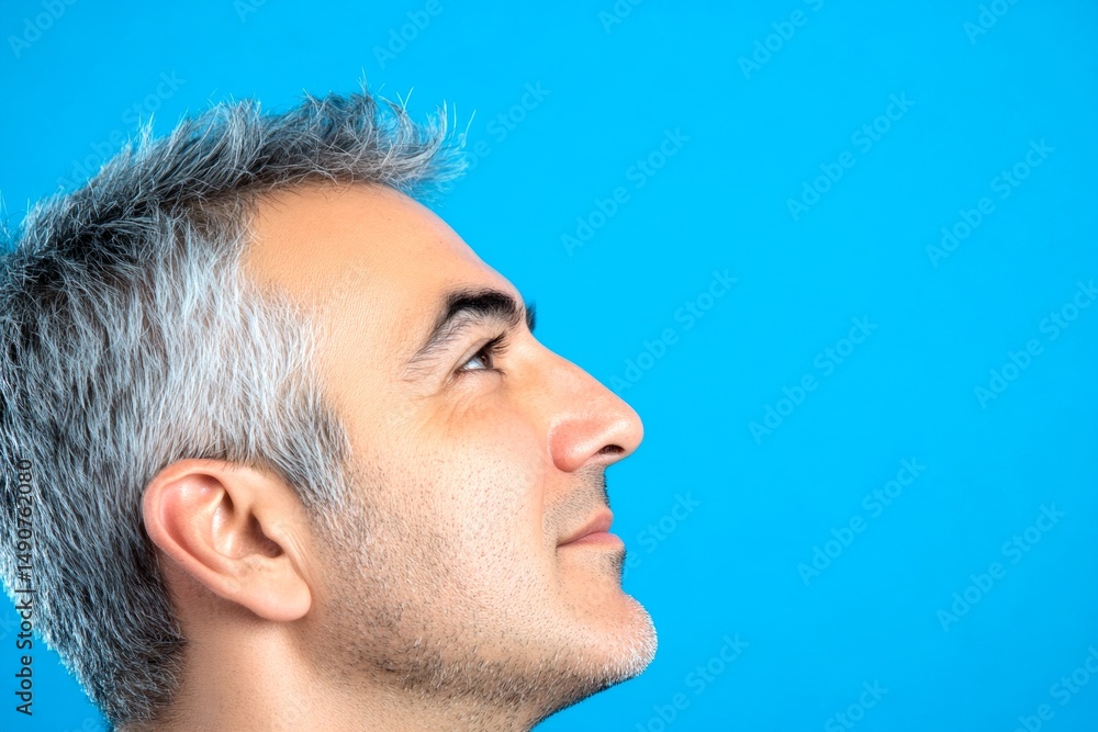 Obraz premium A fashionable man posing for a stylish portrait. Chic men's spiky hair haircut - midlife arabian man with short hair. Blue solid background. Graphic design art of style for aging men.