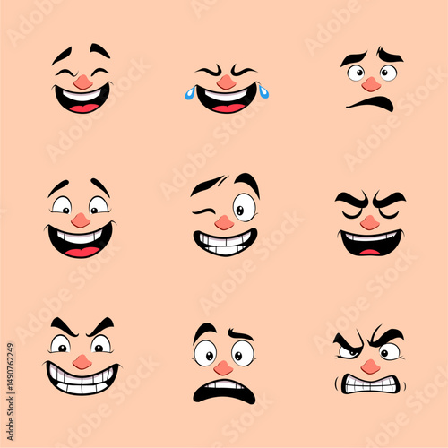 Cartoon Vector Faces with Various Expressions, Each face is drawn with exaggerated expressions, including happiness, sadness, anger, surprise, and confusion.