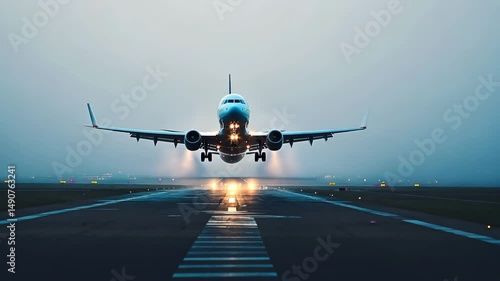 Big commercial plane serving domestic flight as seen from above. Huge aircraft landing on a runway with a cityscape behind. High quality 4k footage