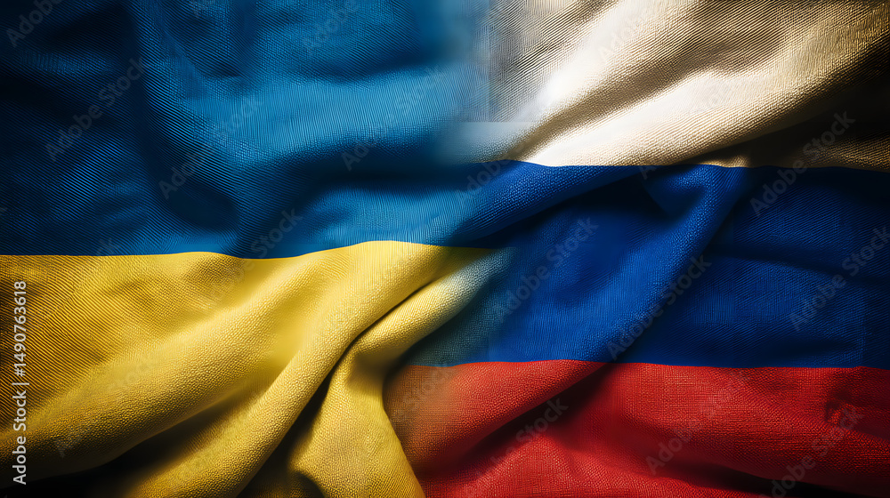A close-up of intertwined Ukrainian and Russian flags, showcasing the contrasts and complexities between the two nations. A close-up of intertwined Ukrainian and Russian flags, showcasing the contrasts and complexities between the two nations.