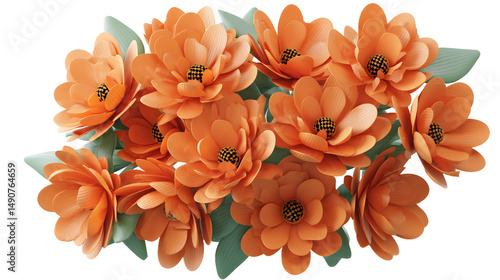 A vibrant bouquet of orange flowers arranged beautifully, showcasing their layered petals and lush green leaves.