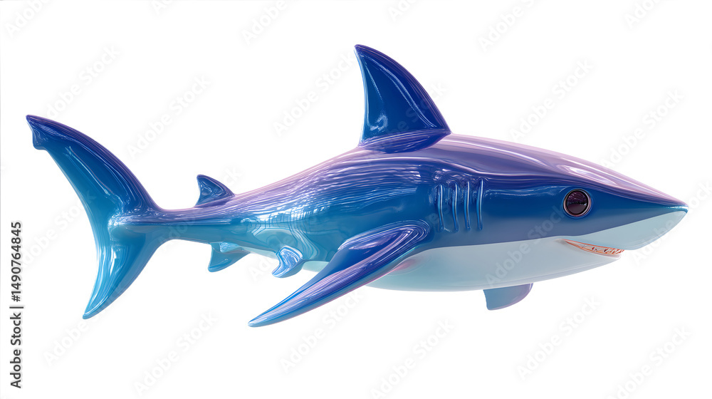 Obraz premium A vibrant blue and silver stylized shark gliding through the water, showcasing its sleek design and playful features.