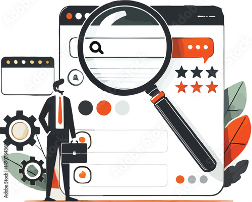 Business professional analyzing online data and search results with magnifying glass on white background