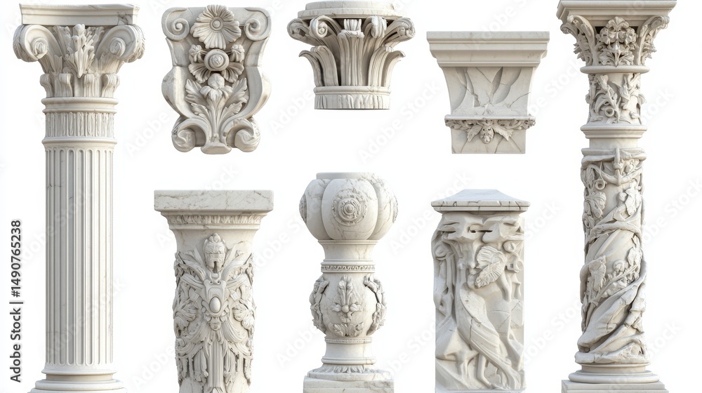 Naklejka premium Old Roman columns made of white marble. These 3D designs show different shapes and decorations. They were used in Greek buildings like temples and castles, on the front or porch. 