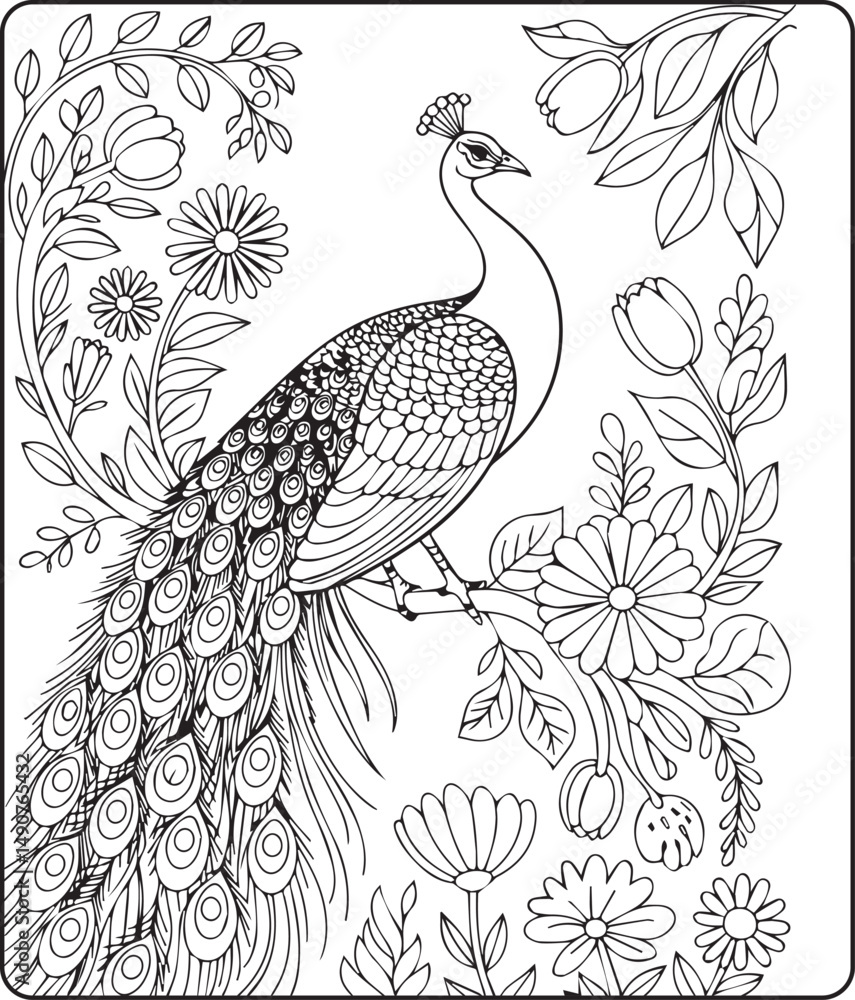 Fototapeta premium Beautiful peacock sitting on tree branch coloring page for kids, black line art vector illustration for children activity book design