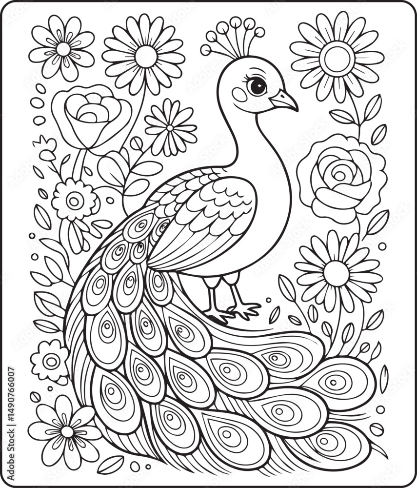 Fototapeta premium Beautiful peacock coloring page for kids, black line art vector illustration for children activity book design