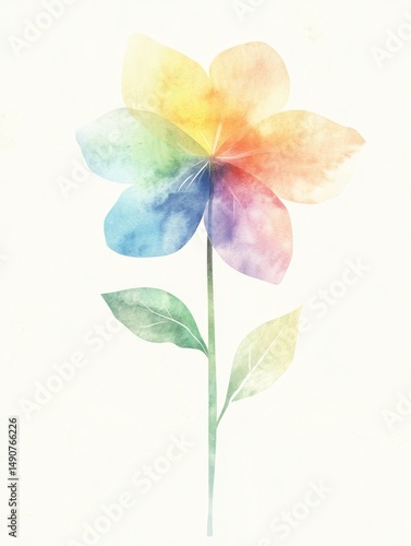 Soft watercolor illustration of a six-petal flower in gentle rainbow hues, symbolizing peace, diversity, and beauty on a white background.

