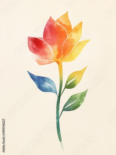 Watercolor rainbow flower with gradient petals and leaves
