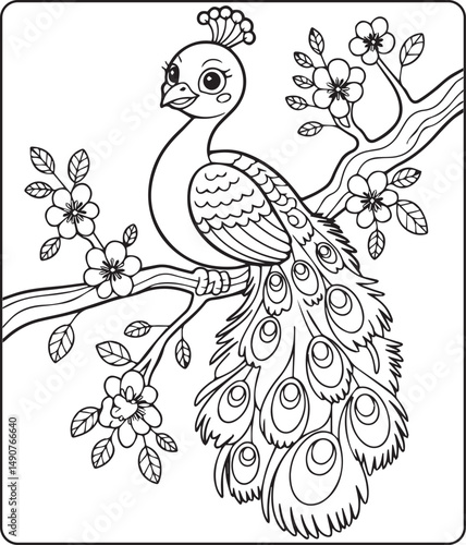 Beautiful peacock sitting on tree branch coloring page for kids, black line art vector illustration for children activity book design