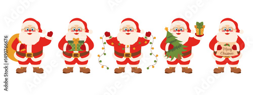 Santa Claus character set. Santa Claus in different poses with gift, bag, tree, garland and sign.