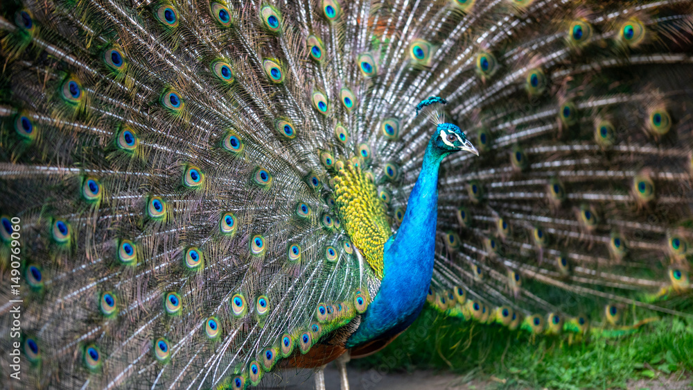 Obraz premium Vibrant peacock with open tail feathers
